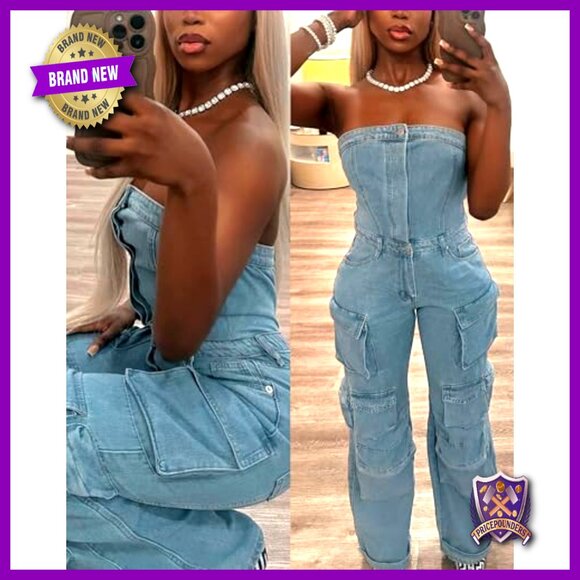 Women's Denim Cargo Jumpsuit Off Shoulder Tube Top Wide Leg Baggy Fit - Picture 6 of 7